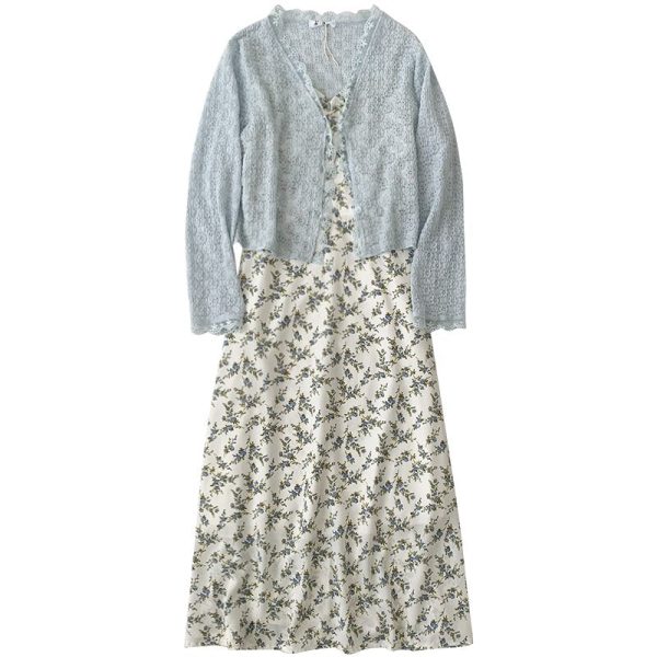 Flower Long Dress & Vintage Blue Cardigan